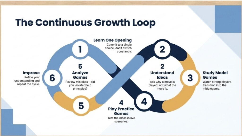 Continuous learning cycle for studying chess openings effectively