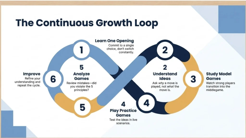 Continuous learning cycle for studying chess openings effectively