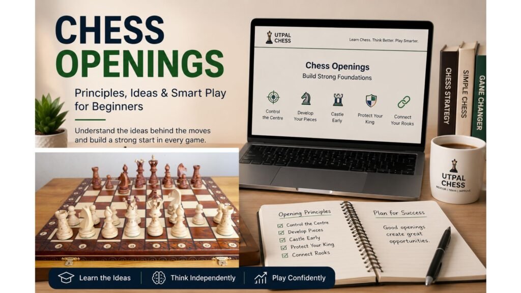 Chess Openings Guide Premium educational workspace introducing chess opening principles with laptop and chessboard