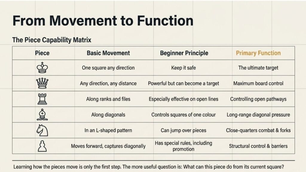 Chess piece movement matrix showing the basic movement and beginner principle for each piece