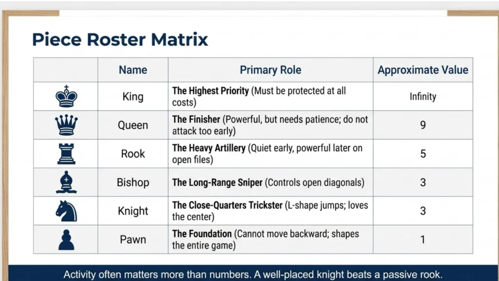 Reference chart explaining the role, movement, and value of every chess piece.
