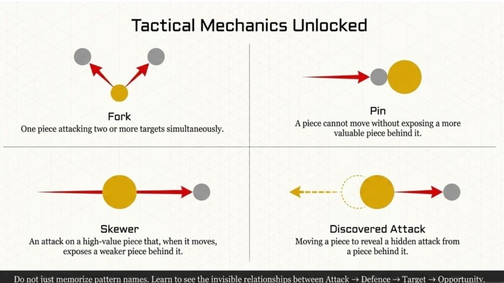 Infographic illustrating chess fork, pin, skewer, and discovered attack tactical motifs