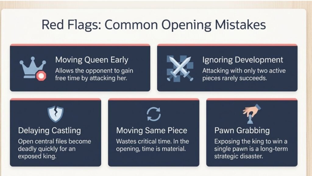 Infographic highlighting common beginner mistakes in chess openings