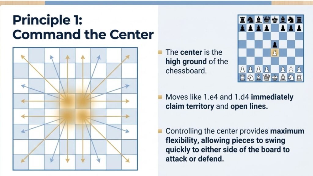 Chessboard highlighting the four central squares used in opening play