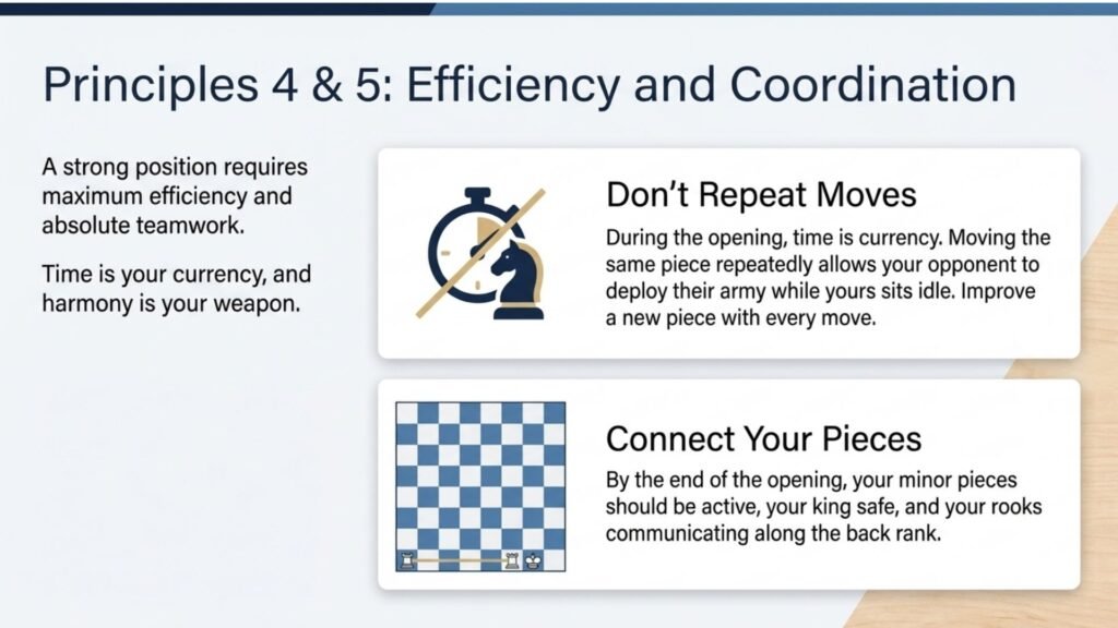 Diagram explaining efficient development and avoiding repeated piece moves