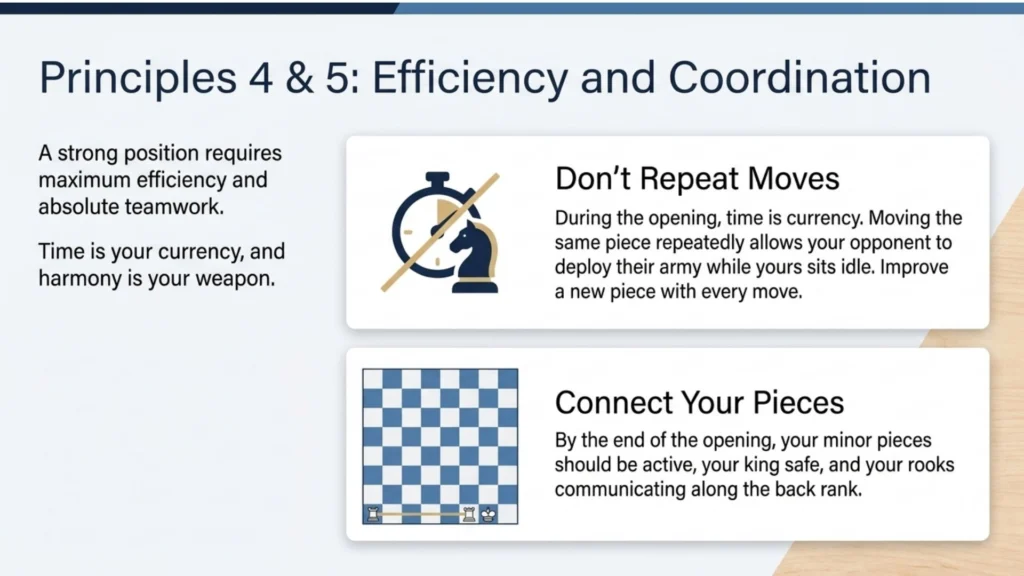 Diagram explaining efficient development and avoiding repeated piece moves