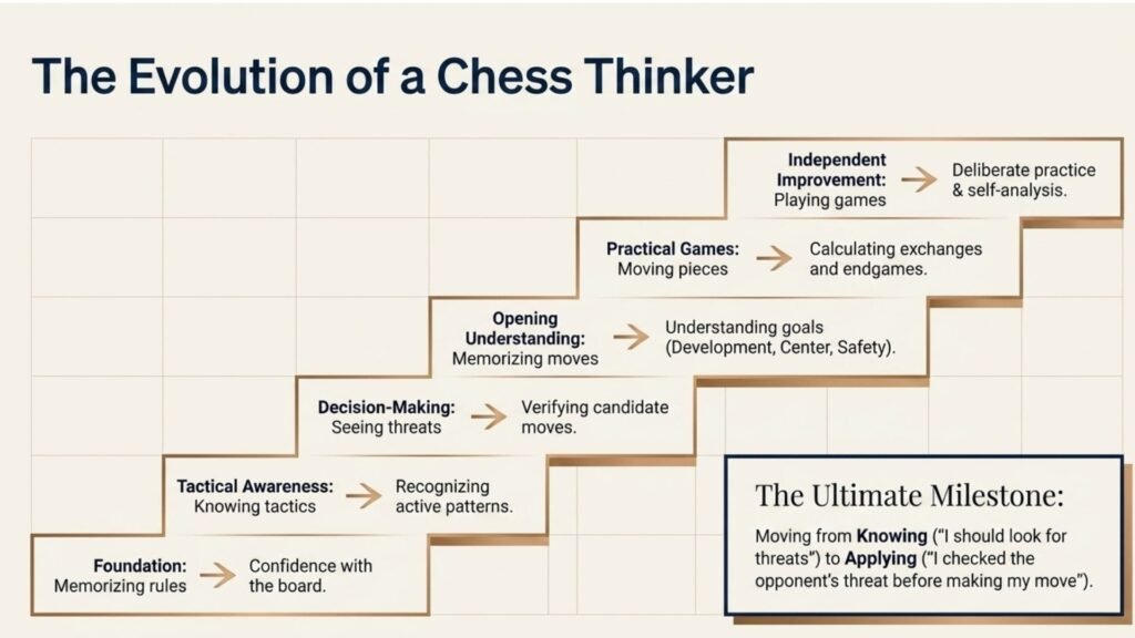 Diagram showing progression from chess foundations to independent thinking