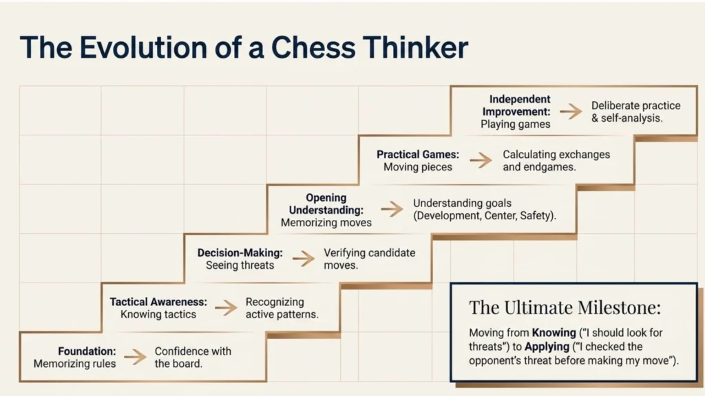 Diagram showing progression from chess foundations to independent thinking