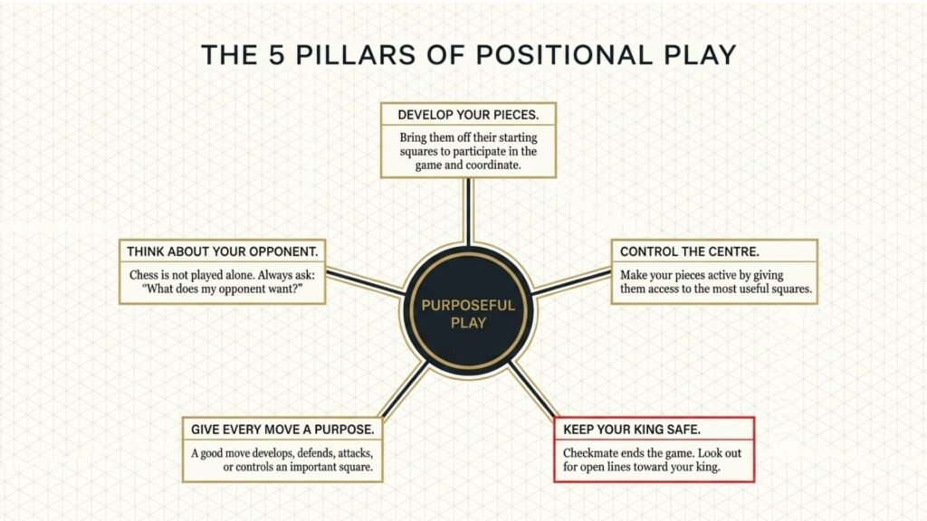 Five-pillar diagram showing development, centre control, king safety, purposeful moves, and thinking about the opponent