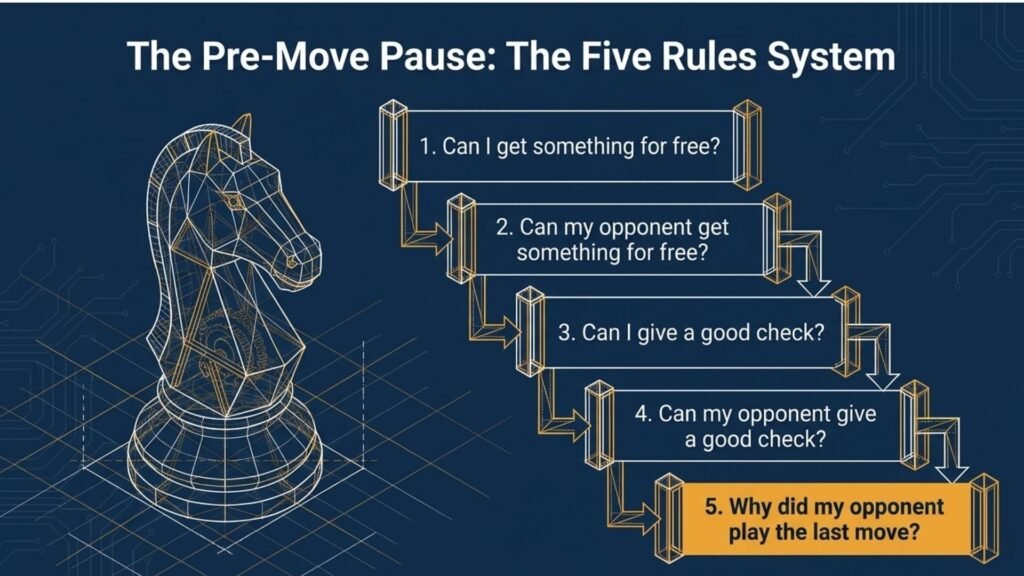 Five-question chess thinking system for checking threats before making a move