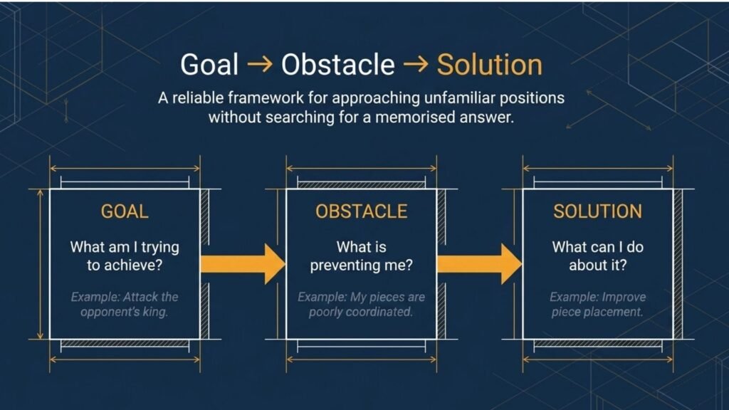 Goal-Obstacle-Solution framework for solving unfamiliar chess positions