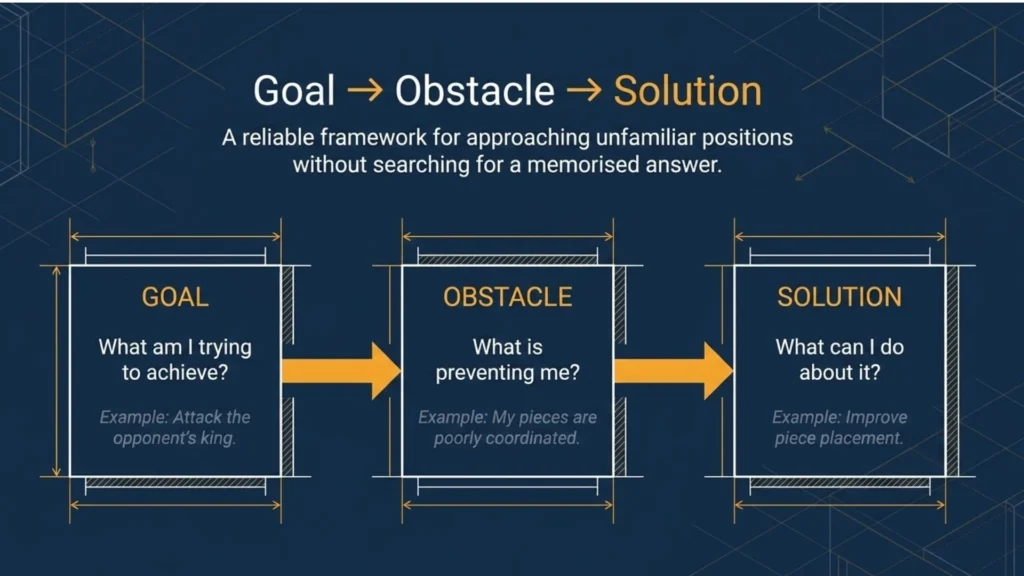 Goal-Obstacle-Solution framework for solving unfamiliar chess positions