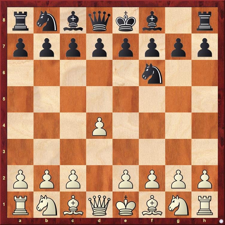 Chessboard showing the starting position of an Indian Defence after 1.d4 Nf6