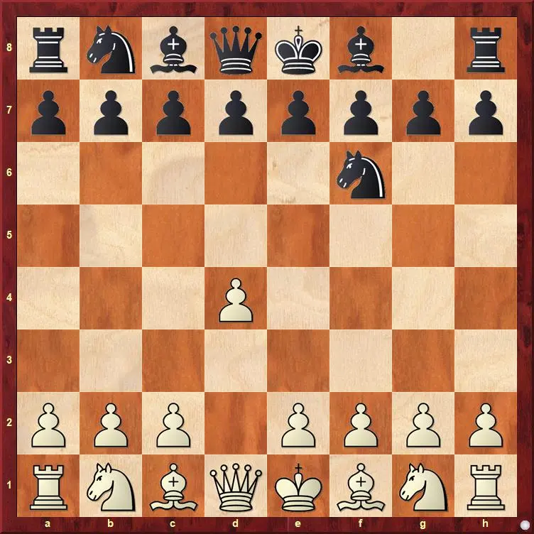 Chessboard showing the starting position of an Indian Defence after 1.d4 Nf6