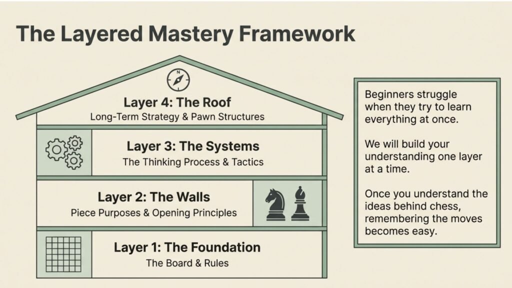 Layered mastery framework showing the progression from chess basics to long-term strategy.