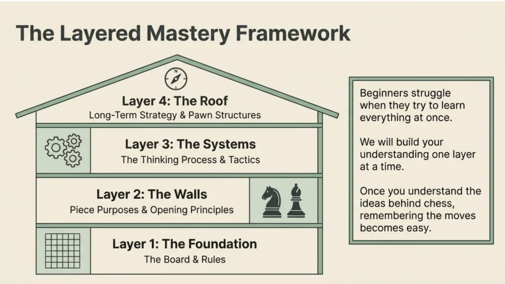 Layered mastery framework showing the progression from chess basics to long-term strategy.