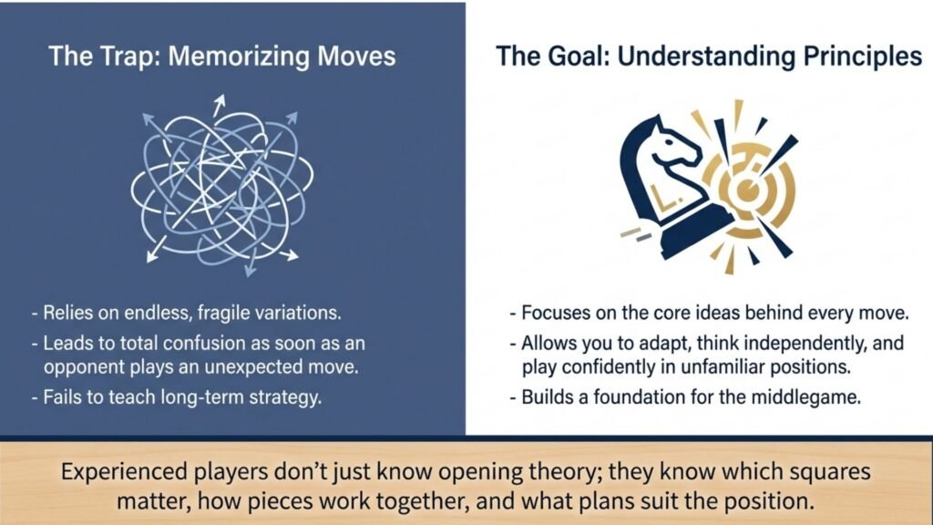 Infographic comparing memorising opening moves with understanding opening principles