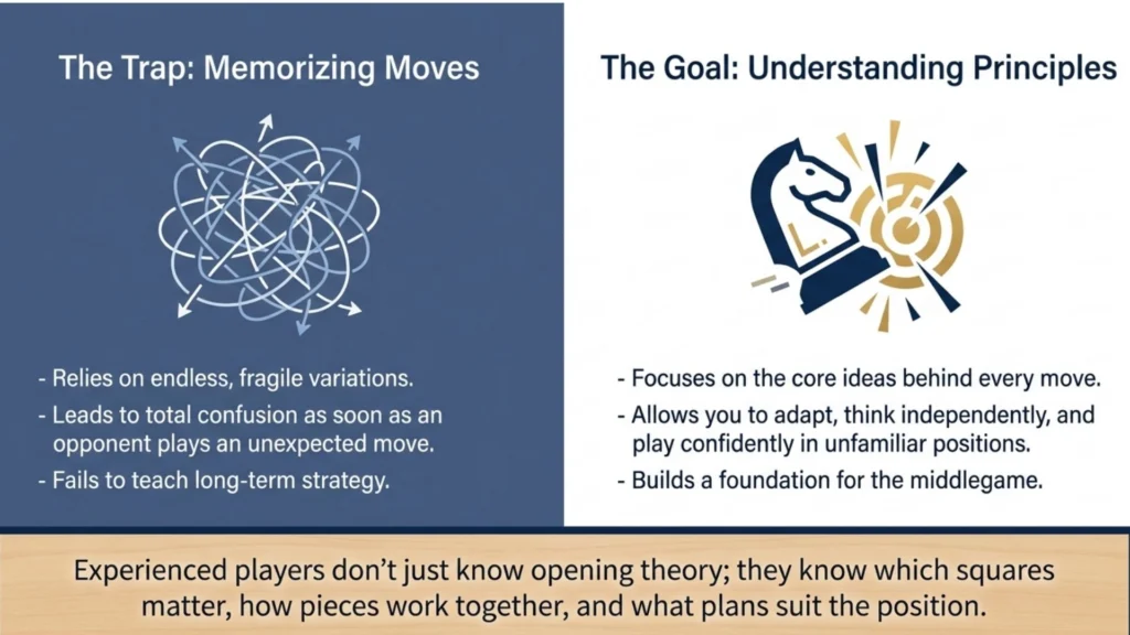Infographic comparing memorising opening moves with understanding opening principles
