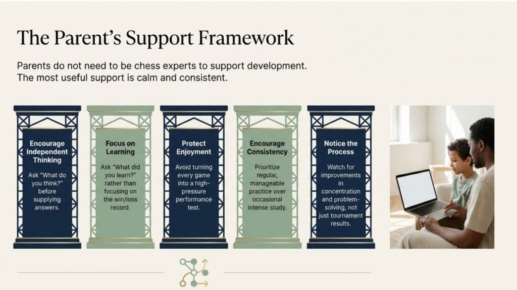 Parent support framework for helping a child develop independent chess thinking