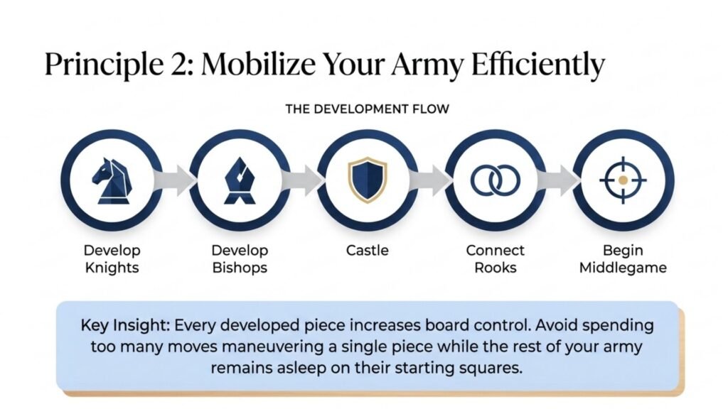 Flow diagram showing efficient chess piece development during the opening