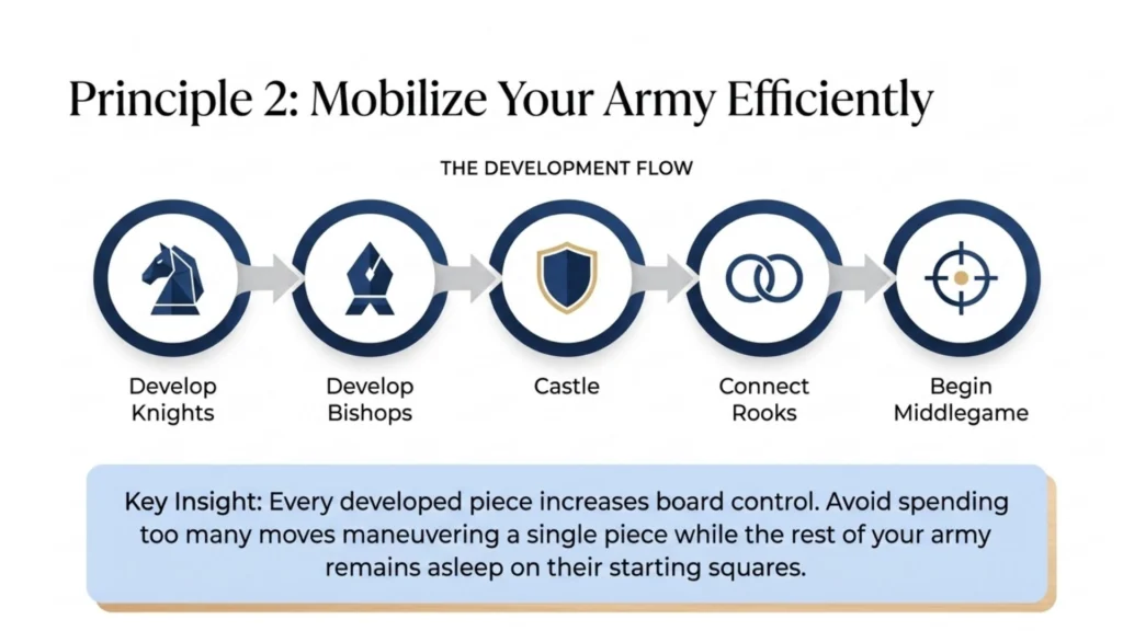 Flow diagram showing efficient chess piece development during the opening