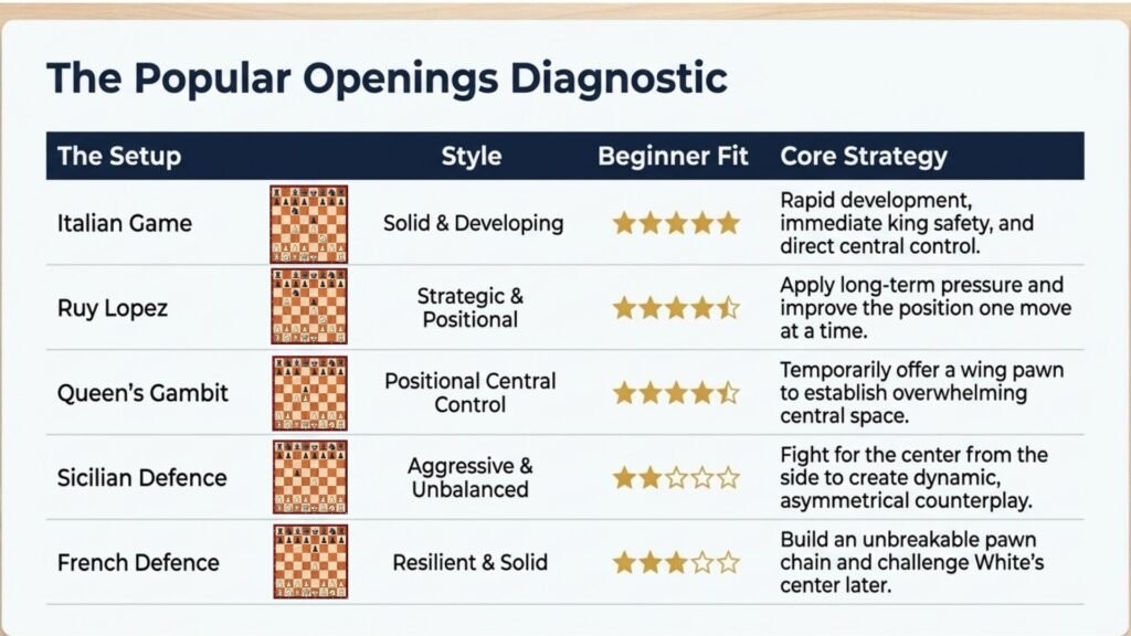 Table comparing beginner chess openings and their playing styles