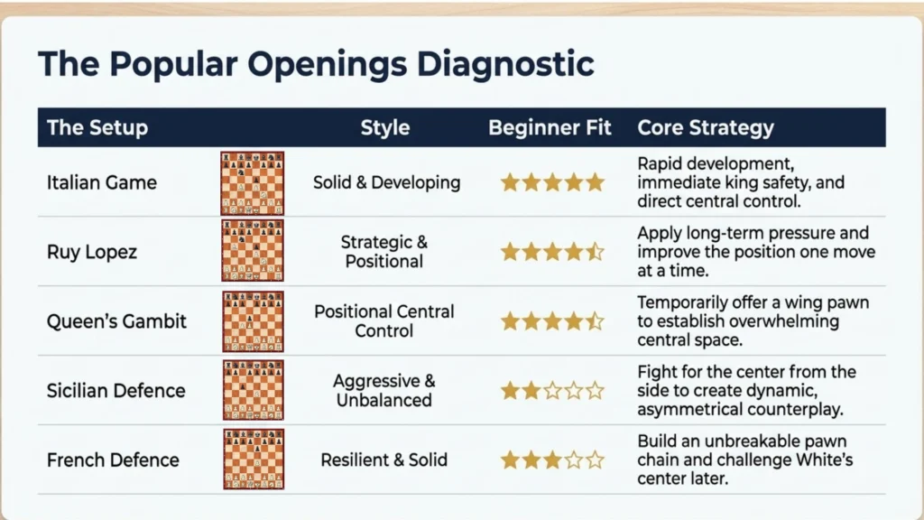 Table comparing beginner chess openings and their playing styles