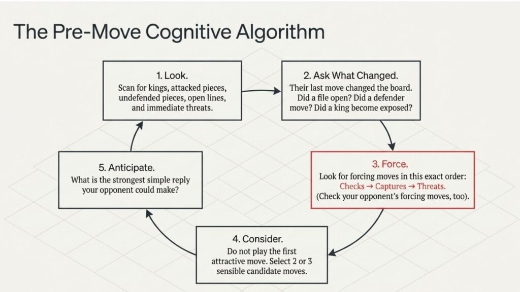 Five-step chess thinking process showing look, identify changes, forcing moves, candidate moves, and anticipation