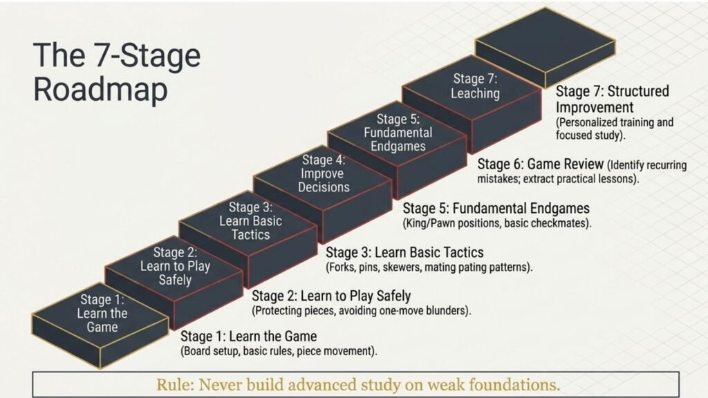 Seven-stage roadmap from learning the game to structured chess improvement