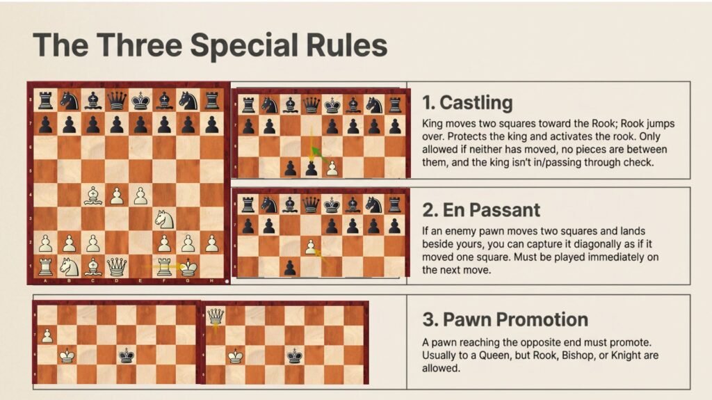 Illustration explaining castling, en passant, and pawn promotion.