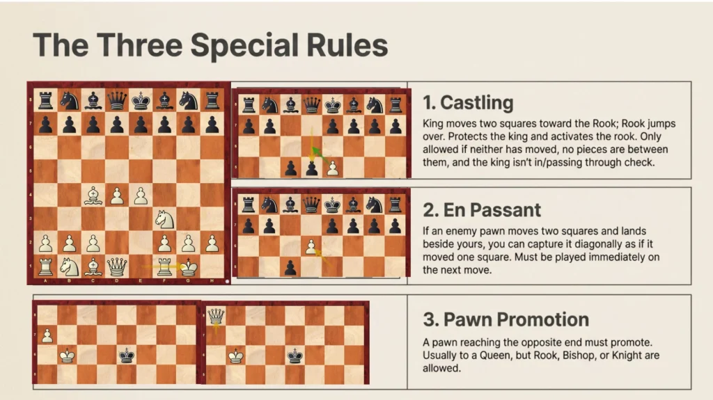 Illustration explaining castling, en passant, and pawn promotion.