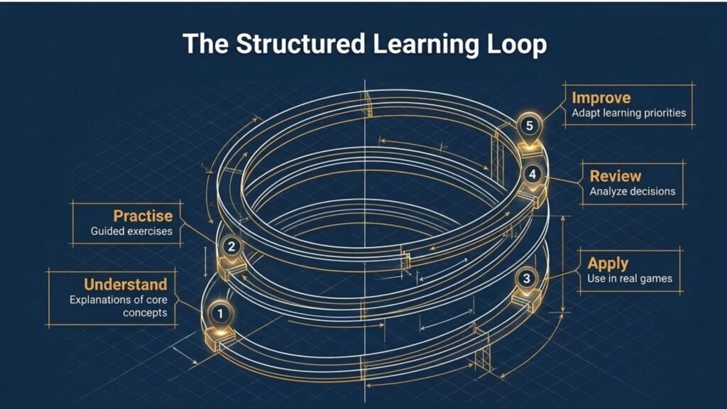 Structured chess learning loop connecting understanding, practice, application, review and improvement