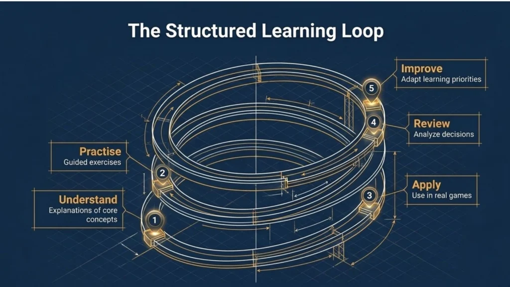 Structured chess learning loop connecting understanding, practice, application, review and improvement