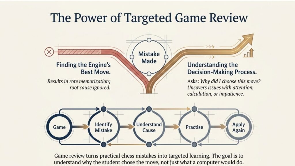Chess game review cycle showing how mistakes lead to practice and improvement