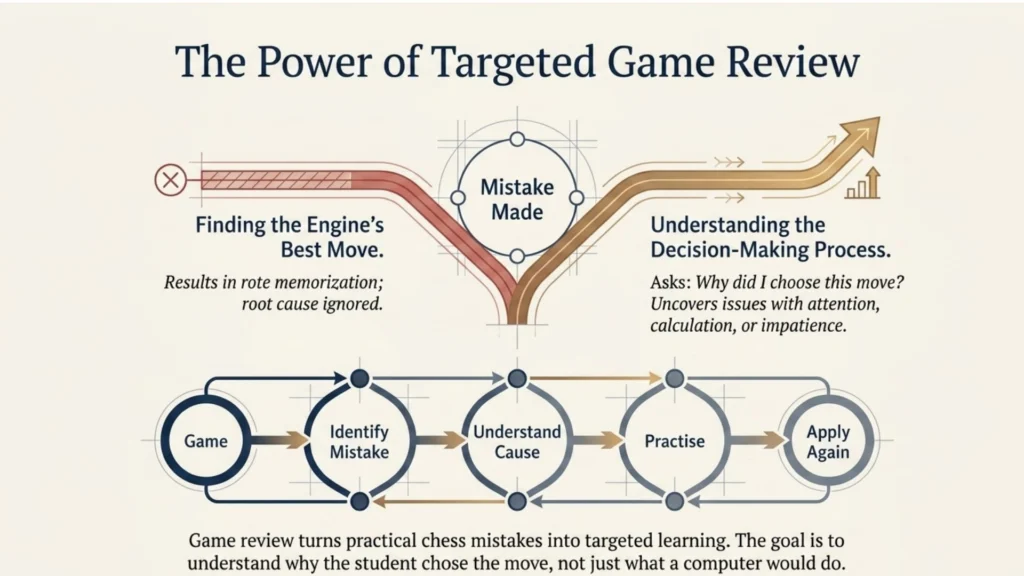 Chess game review cycle showing how mistakes lead to practice and improvement