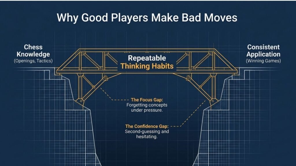 Chess thinking bridge showing how knowledge can fail to become consistent decision-making