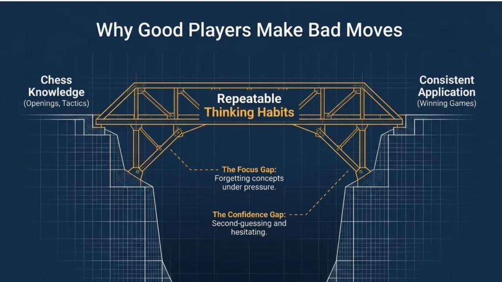 Chess thinking bridge showing how knowledge can fail to become consistent decision-making