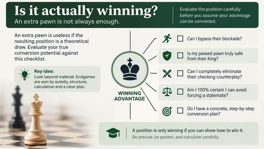 Chess endgame conversion checklist for evaluating whether a material advantage can be converted into a win.