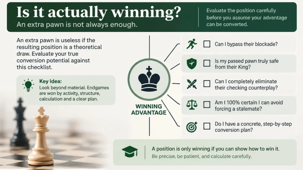 Chess endgame conversion checklist for evaluating whether a material advantage can be converted into a win.