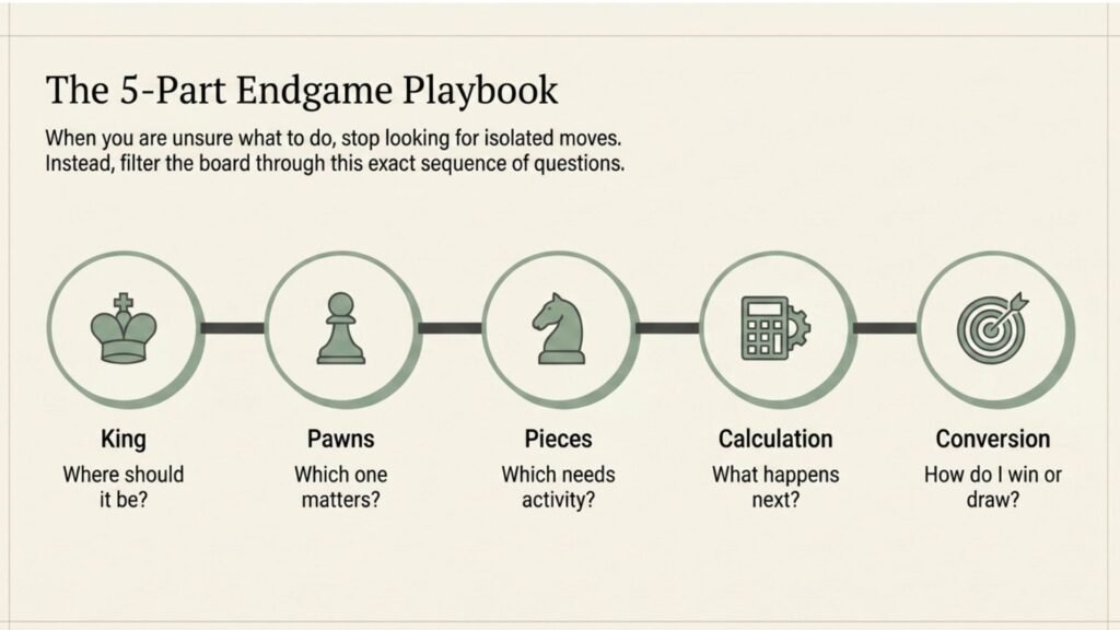 Five-part chess endgame decision framework covering king, pawns, pieces, calculation and conversion