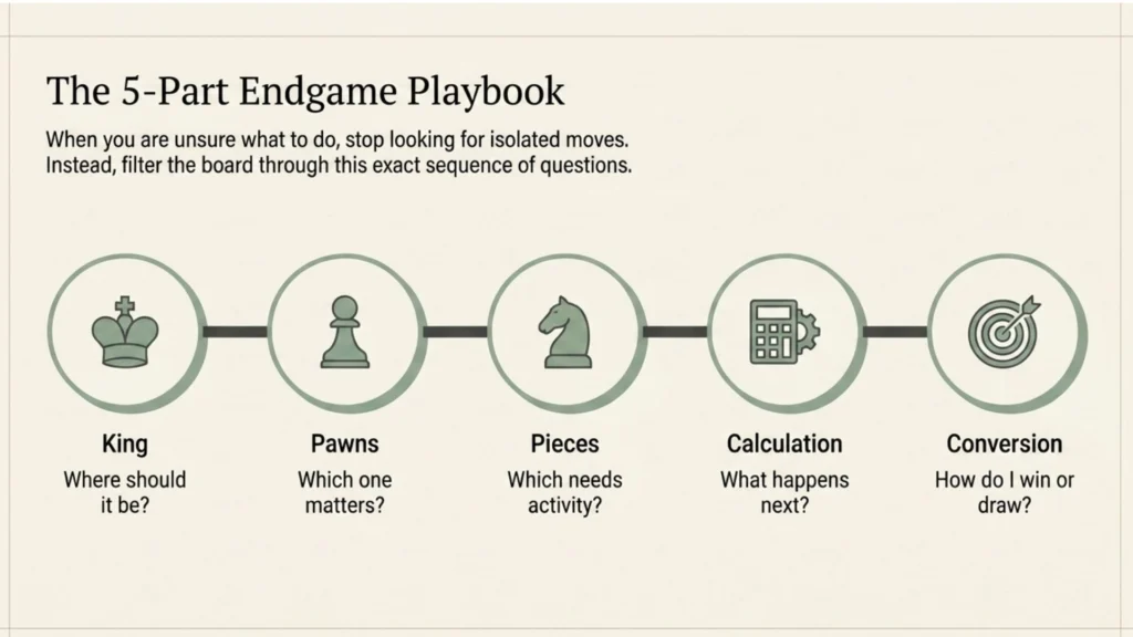 Five-part chess endgame decision framework covering king, pawns, pieces, calculation and conversion