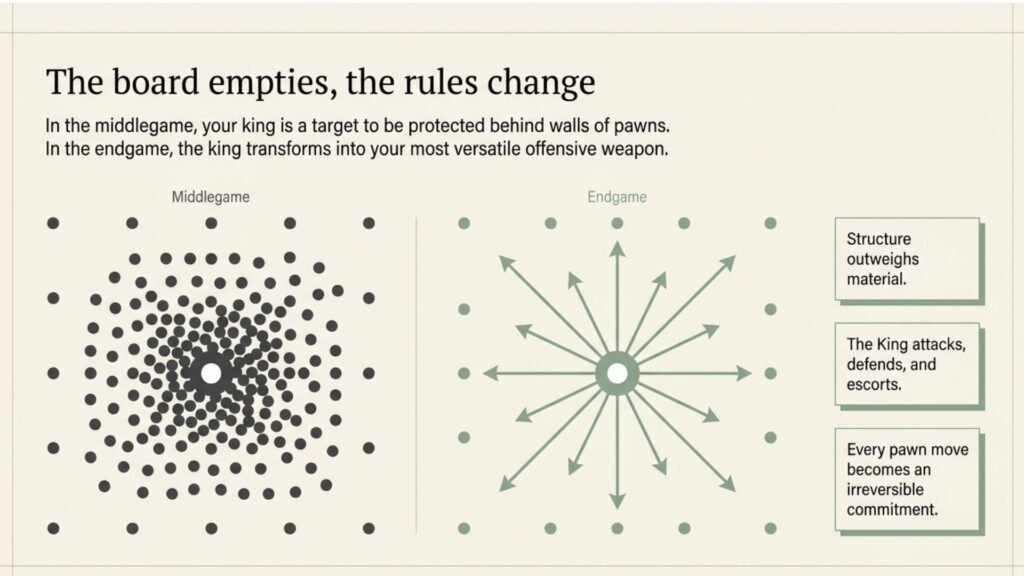 Infographic comparing middlegame complexity with active king play in the chess endgame