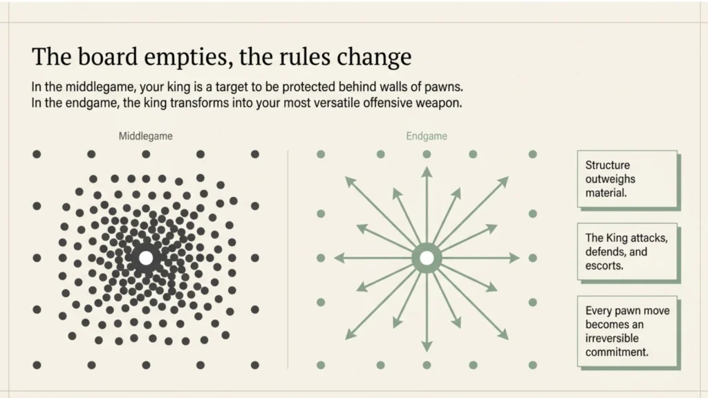 Infographic comparing middlegame complexity with active king play in the chess endgame