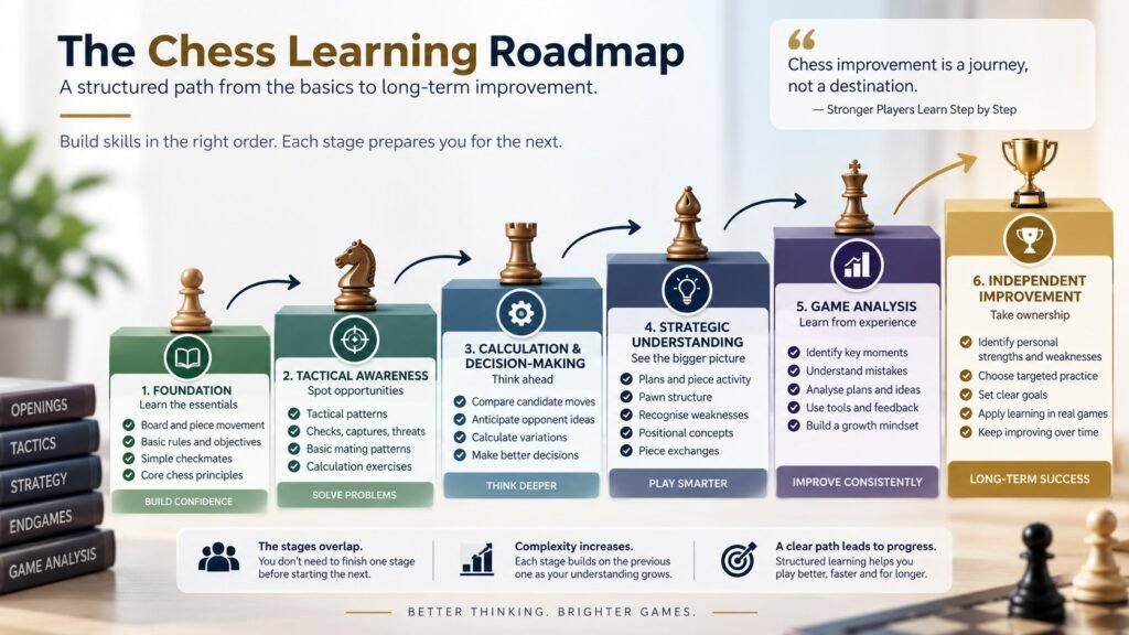 Chess learning roadmap showing progression from foundations and tactical awareness to calculation, strategic understanding, game analysis and independent improvement