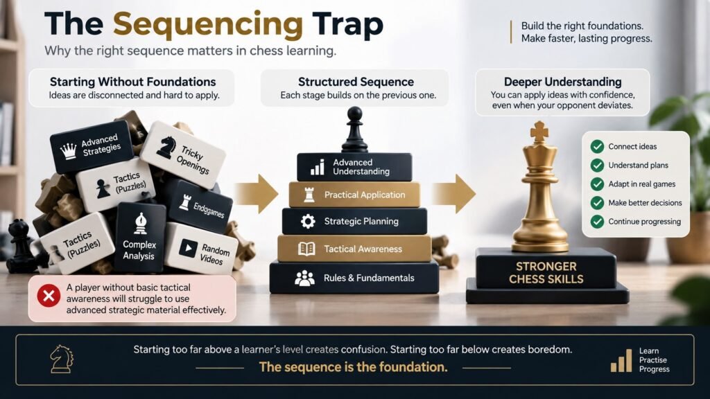 Chess learning sequence showing how foundations lead to advanced understanding