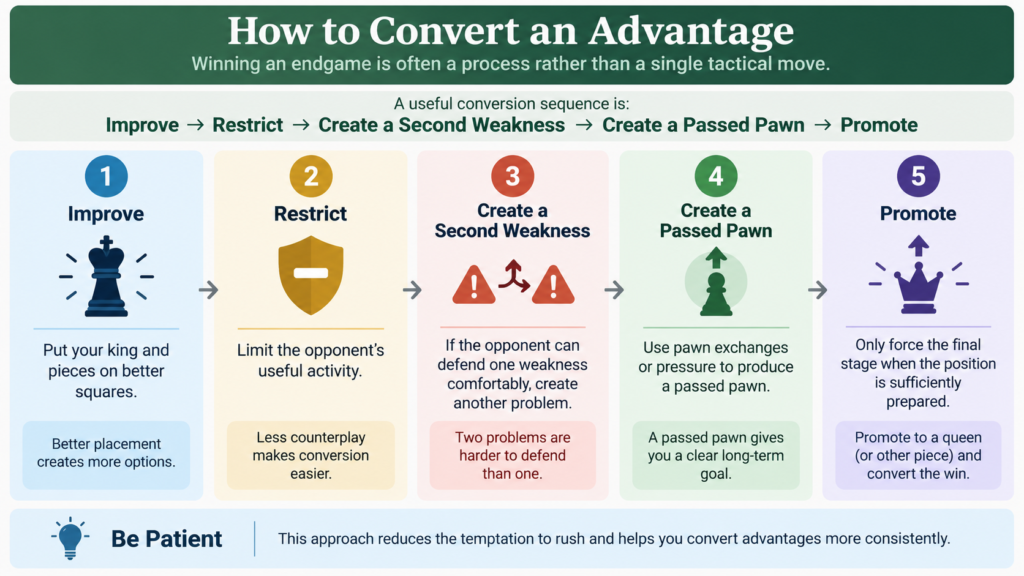 Infographic showing five steps for converting a chess endgame advantage: improve, restrict, create a second weakness, create a passed pawn, and promote.