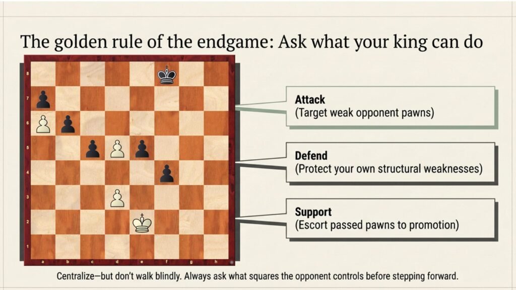 Chess endgame infographic showing how an active king can attack, defend and support passed pawns