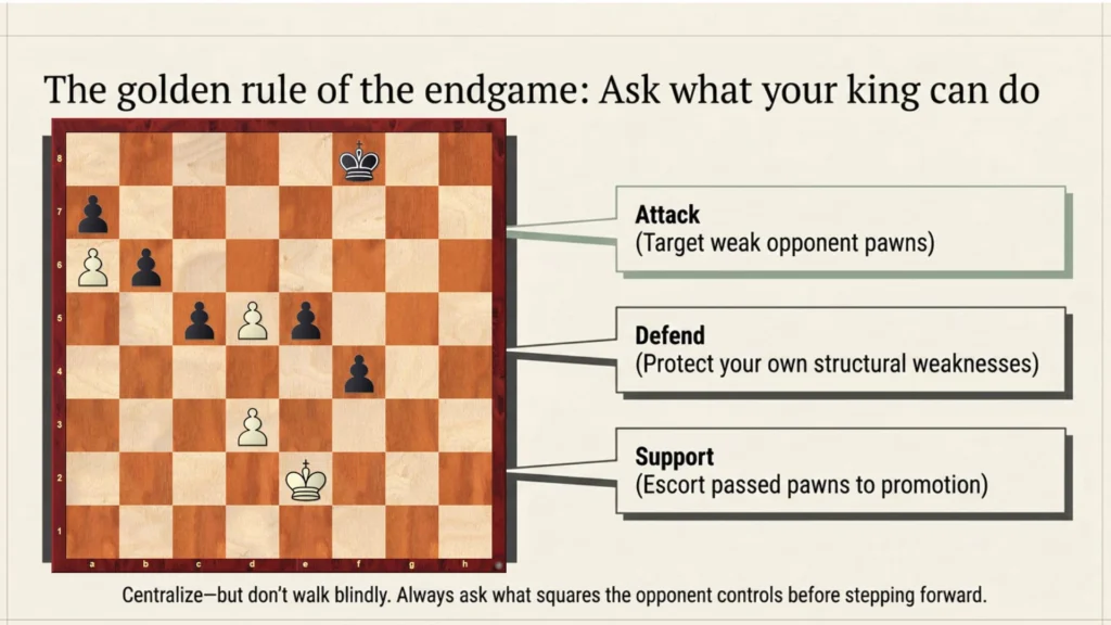 Chess endgame infographic showing how an active king can attack, defend and support passed pawns