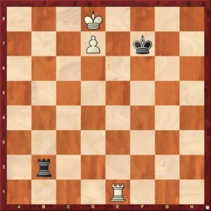 Chessboard showing the Lucena position in a rook and pawn endgame