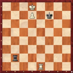 Chessboard showing the Lucena position in a rook and pawn endgame